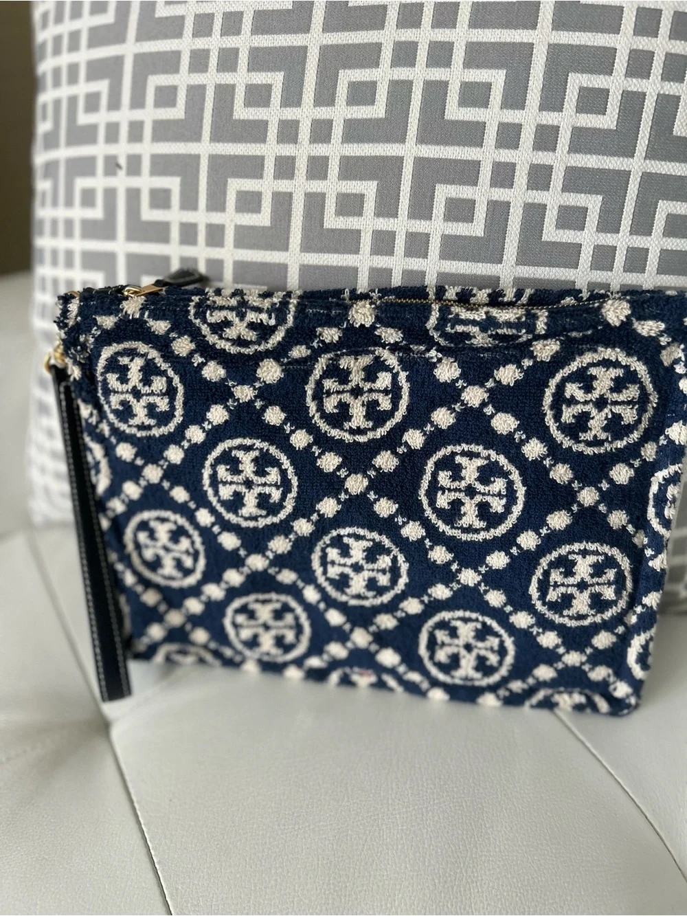 Tory Burch Navy and Cream Monogram Zip Pouch